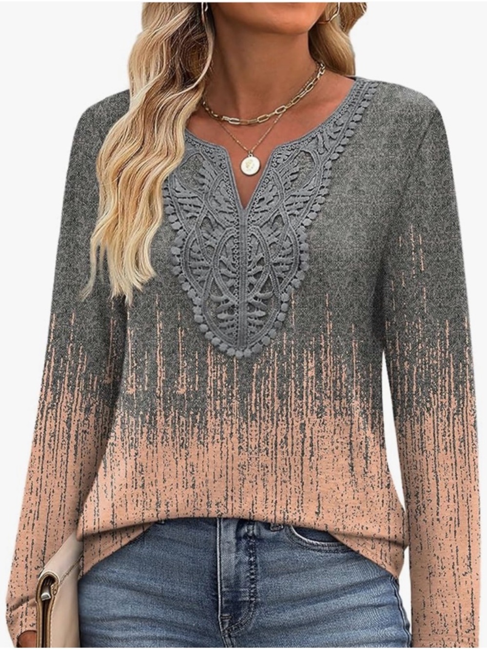 Gray and Peach Ombre Knit Top with Crochet V‑Neck